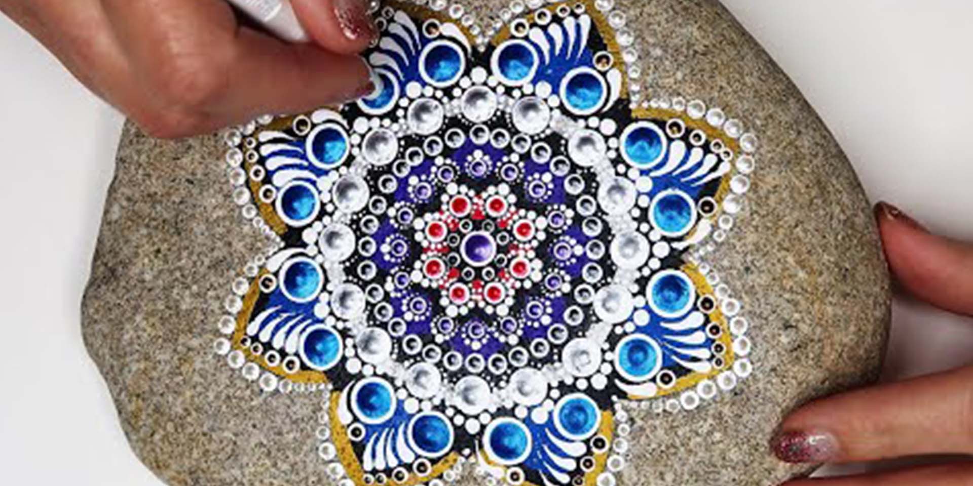 How to Mandala Pattern with a Stencil "Sky Dance" White & Blue Rock Dot Painting Time Lapse w Music