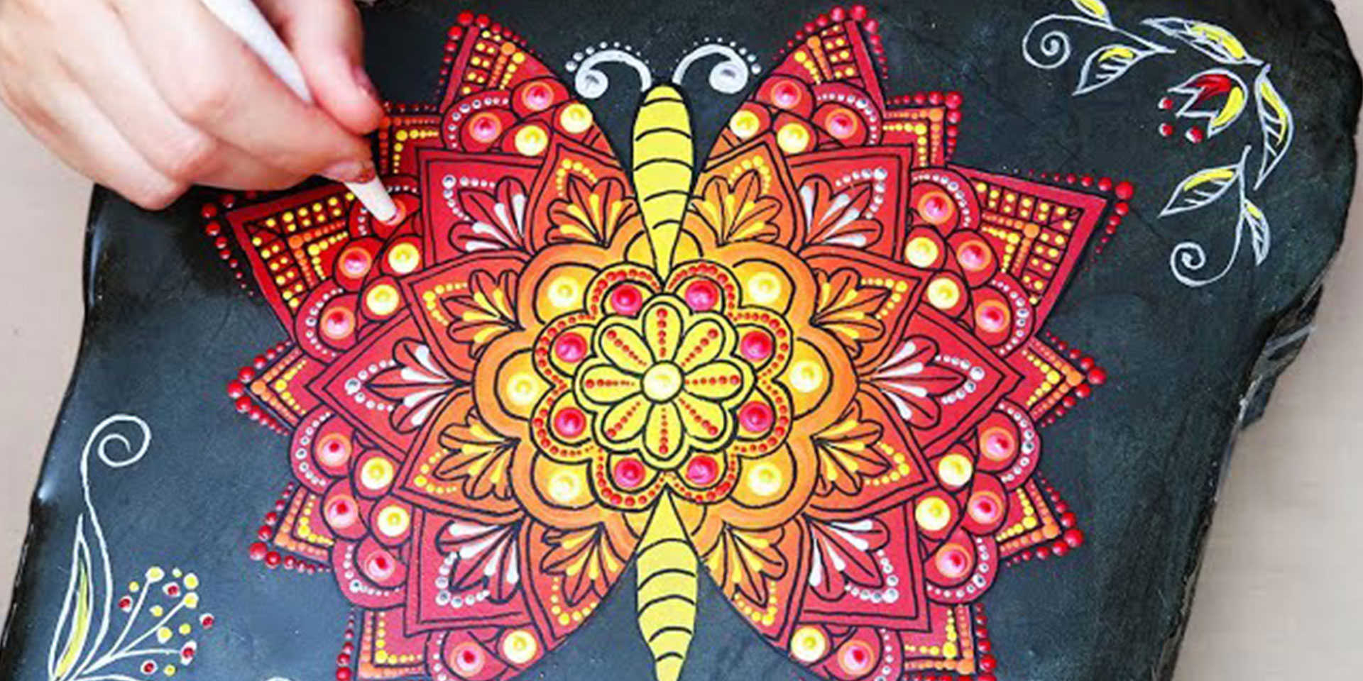 Combo line and dot mandala design "Butterfly" Time-Lapse Red & Yellow Mandala Rock Painting w Music